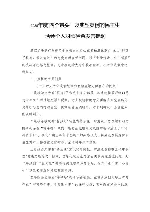 2025年度四个带头及典型案例的民主生活会个人对照检查发言材料.docx