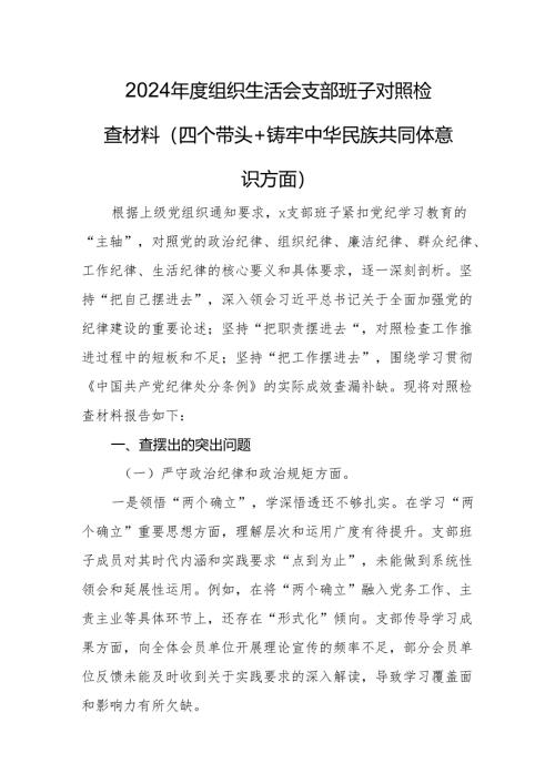 2024年度组织生活会支部班子对照检查材料（四个带头+铸牢中华民族共同体意识方面）.docx