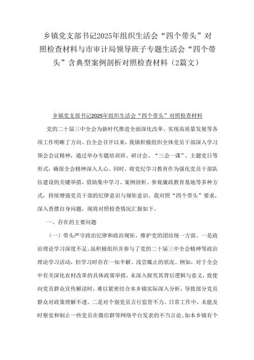 乡镇党支部书记2025年组织生活会“四个带头”对照检查材料与市审计局领导班子专题生活会“四个带头”含典型案例剖析对照检查材料（2篇文）.docx