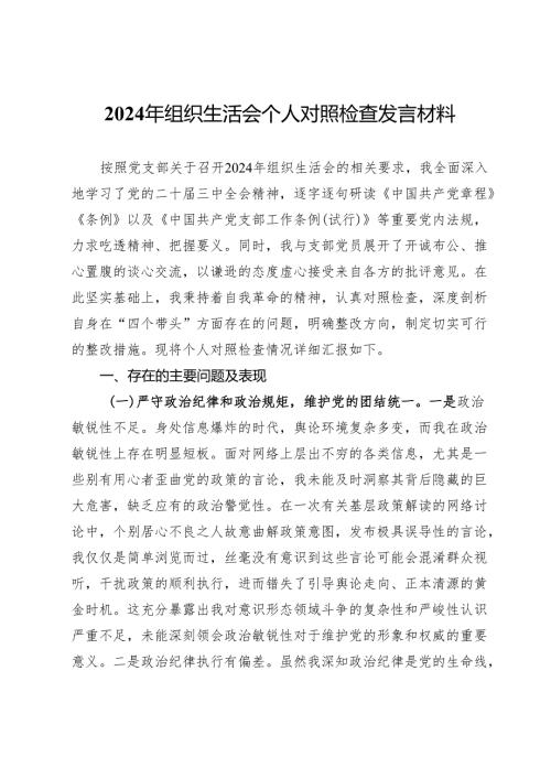 2024年组织生活会个人对照检查发言材料 .docx