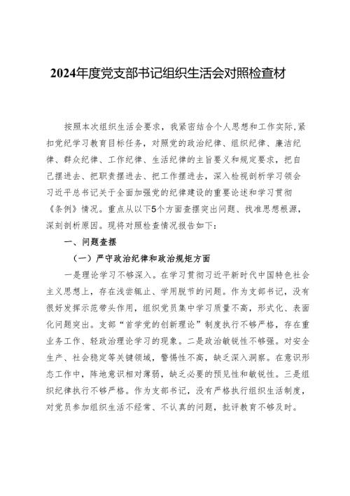 2024年度党支部书记组织生活会对照检查材料（含共同体意识）.docx