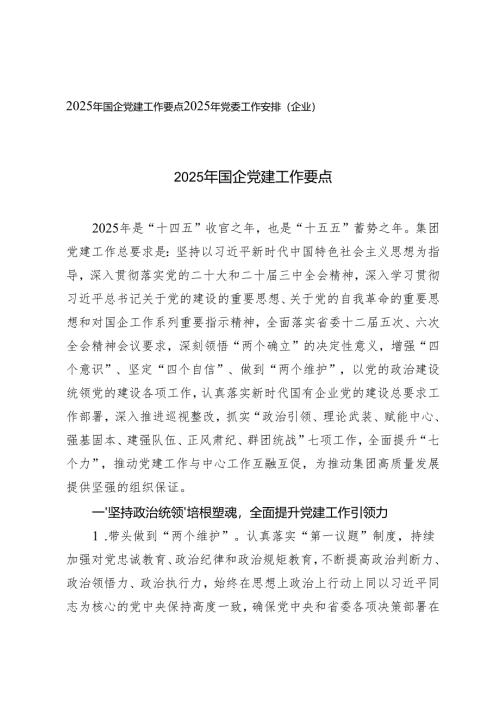 2025年国企党建工作要点+2025年党委工作安排（企业）.docx