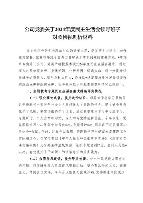 公司党委关于2024年度民主生活会领导班子对照检视剖析材料 .docx