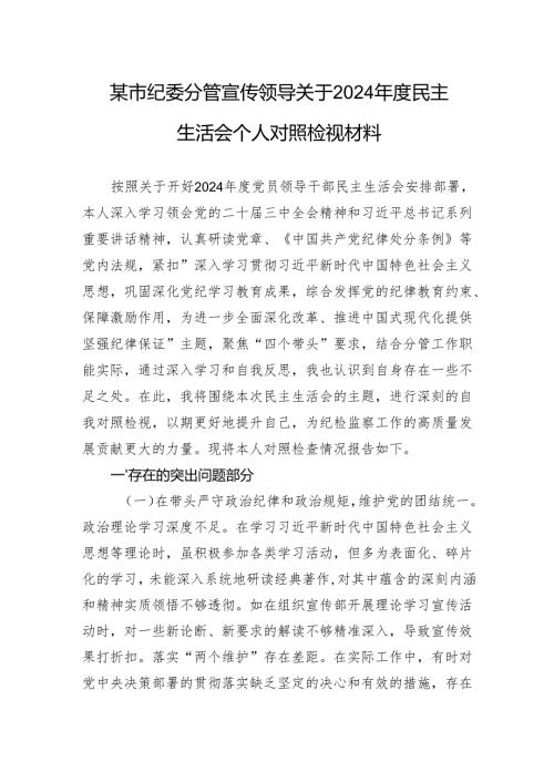 某市纪委分管宣传领导关于2024年度民主生活会个人对照检视材料.docx