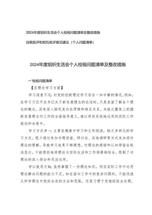 2025年组织生活会个人检视问题清单及整改措施+自我批评和相互批评意见建议（个人问题清单）.docx