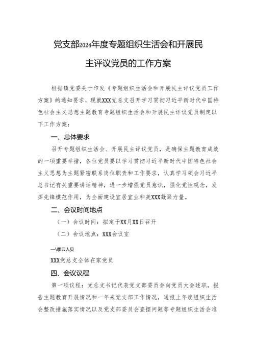 党支部2024年度专题组织生活会和开展民主评议党员的工作方案.docx