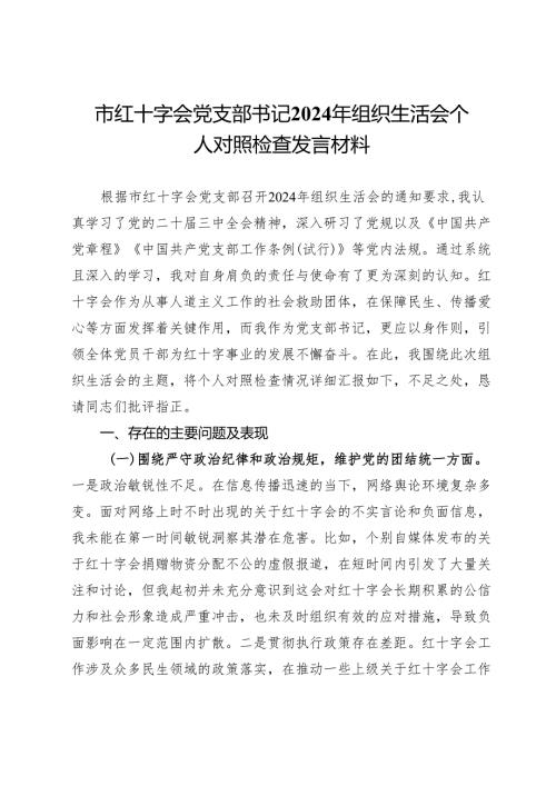 市红十字会党支部书记2024年组织生活会个人对照检查发言材料.docx