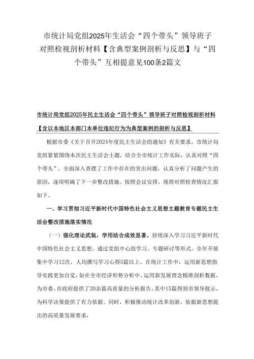 市统计局党组2025年生活会“四个带头”领导班子对照检视剖析材料【含典型案例剖析与反思】与“四个带头”互相提意见100条2篇文.docx