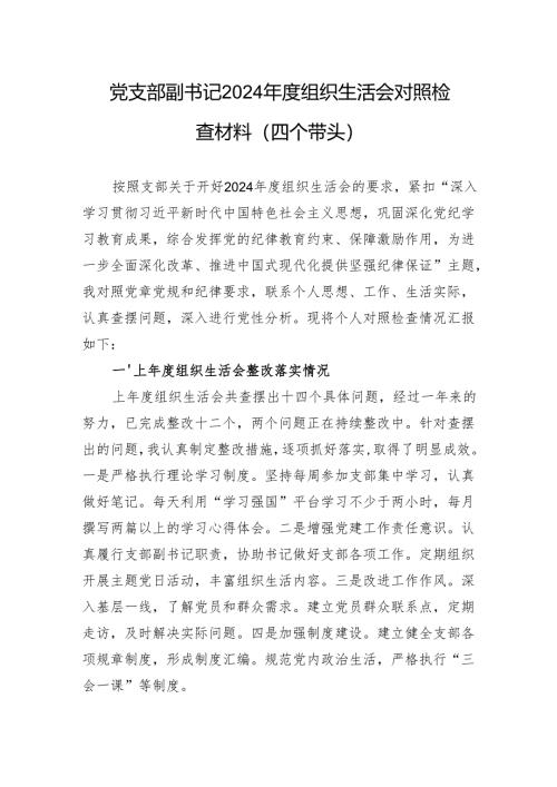 党支部副书记2024年度组织生活检查发言材料（四个带头）.docx