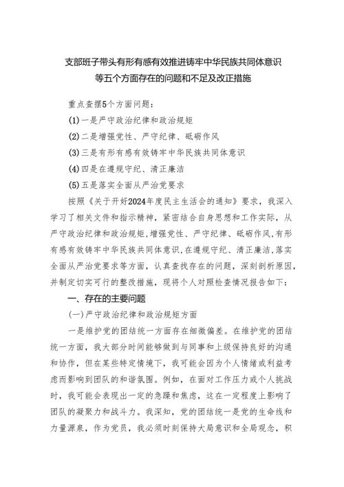 支部班子带头有形有感有效推进铸牢中华民族共同体意识等五个方面存在的问题和不足及改正措施.docx