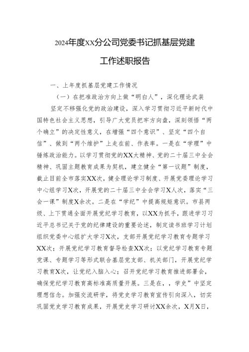 2024年度XX分公司党委书记抓基层党建工作述职报告.docx