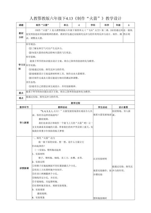 2025鄂教人教版科学六年级下册课件PPT 第四单元 “飞向”太空 4.13《制作“火箭”》教案.docx