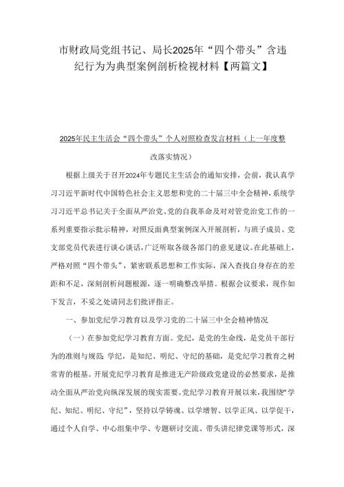 市财政局党组书记、局长2025年“四个带头”含违纪行为为典型案例剖析检视材料【两篇文】.docx