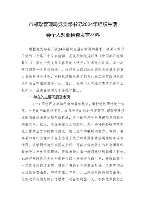 邮政管理局党支部书记2024年度组织生活会个人对照检查发言材料.docx