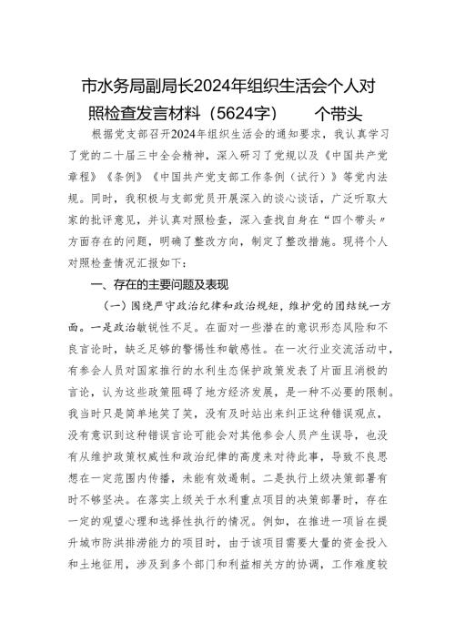 市水务局副局长2024年组织生活会个人对照检查发言材料（5624字）四个带头.docx