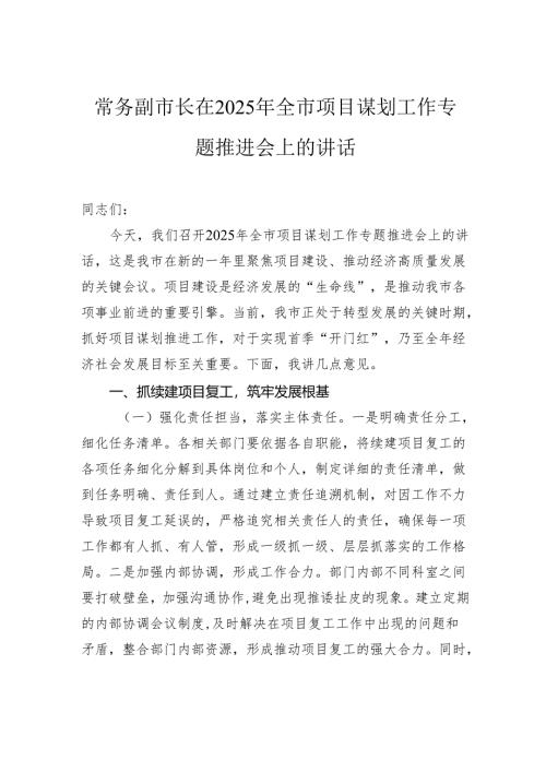 常务副市长在2025年全市项目谋划工作专题推进会上的讲话.docx