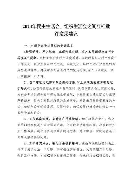 2024年民主生活会、组织生活会之间互相批评意见建议.docx