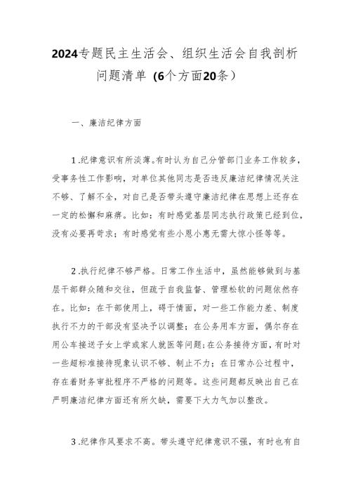 2024专题民主生活会、组织生活会自我剖析问题清单（6个方面20条）.docx
