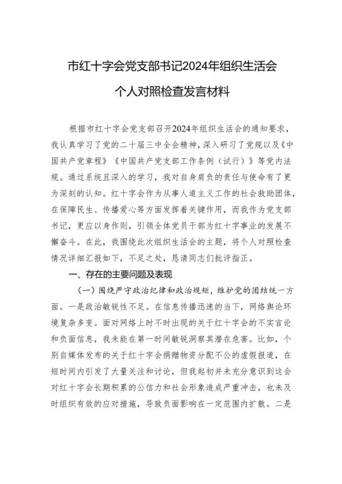 红十字会党支部书记2024年度组织生活个人检查发言材料.docx