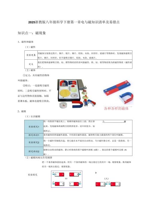 2025浙教版八年级科学下册第一章电与磁知识清单及易错点.docx