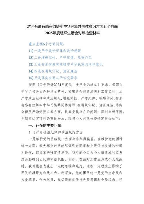 对照有形有感有效铸牢中华民族共同体意识方面五个方面2025年度组织生活会对照检查材料.docx
