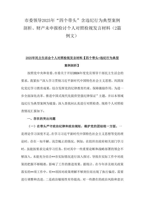 市委领导2025年“四个带头”含违纪行为典型案例剖析、财产未申报检讨个人对照检视发言材料（2篇例文）.docx