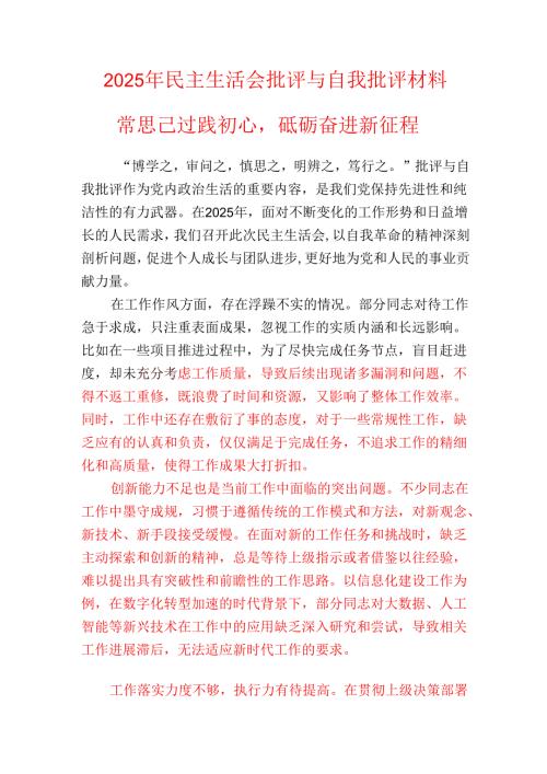2025 年民主生活会批评与自我批评材料.docx