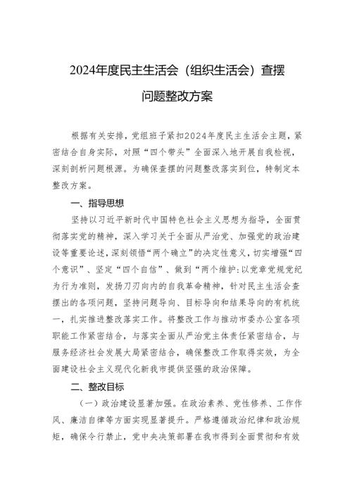 2024年度民主生活会（组织生活会）查摆问题整改方案材料.docx