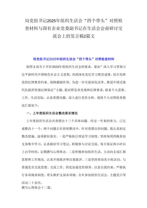 局党组书记2025年组织生活会“四个带头”对照检查材料与国有企业党委副书记在生活会会前研讨交流会上的发言稿2篇文.docx