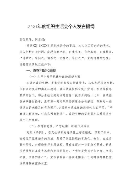 2024年度组织生活会个人发言提纲.docx
