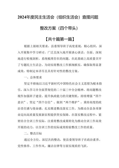（10篇）2024年度民主生活会（组织生活会）查摆问题整改方案（四个带头）.docx