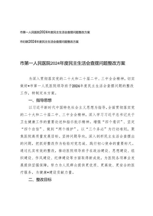 2025妇联、医院2024年度民主生活会查摆问题整改方案（四个带头 五个方面）.docx