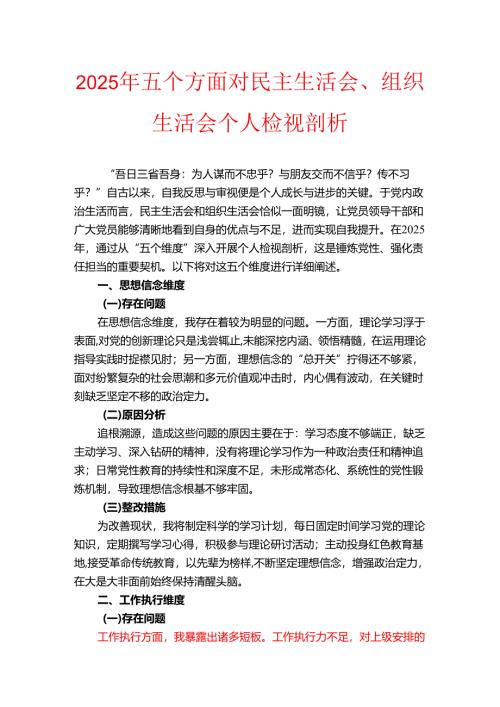 2025年五个方面对民主生活会、组织生活会个人检视剖析.docx