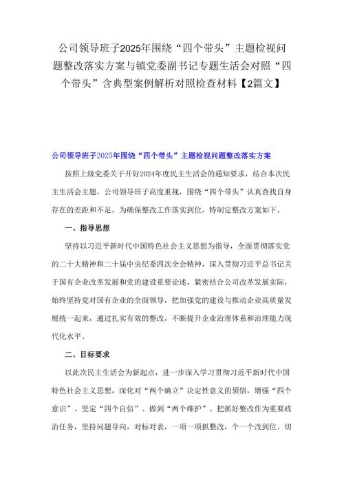 公司领导班子2025年围绕“四个带头”主题检视问题整改落实方案与镇党委副书记专题生活会对照“四个带头”含典型案例解析对照检查材料【2篇文】.docx