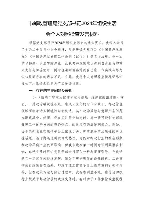 市邮政管理局党支部书记2024年组织生活会个人对照检查发言材料.docx