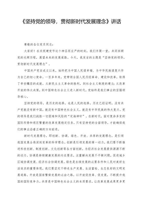 《坚持党的领导贯彻新时代发展理念》讲话发言稿.docx
