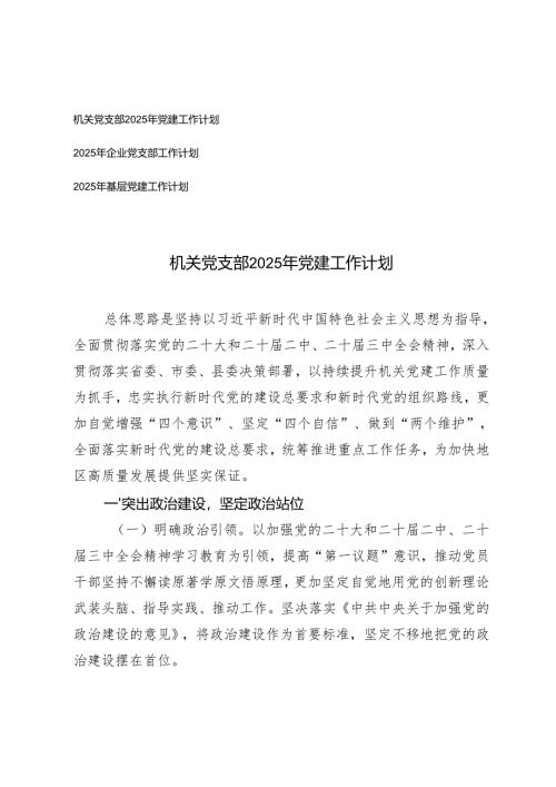 2025年机关党支部党建工作计划、企业党支部工作计划、基层党建工作计划.docx
