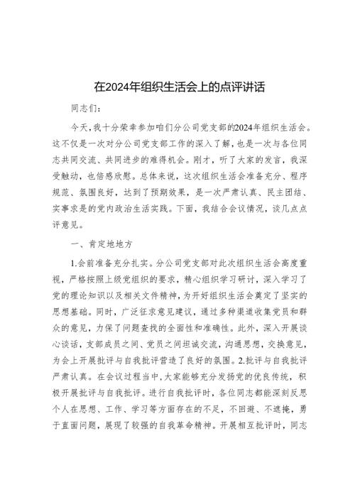 在2024年组织生活会上的点评讲话.docx