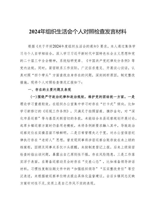 某巡察干部2024年组织生活会个人对照检查发言材料.docx