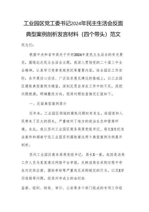工业园党工委书记2024年民主生活会反面典型案例剖析发言材料(四个带头)范文.docx