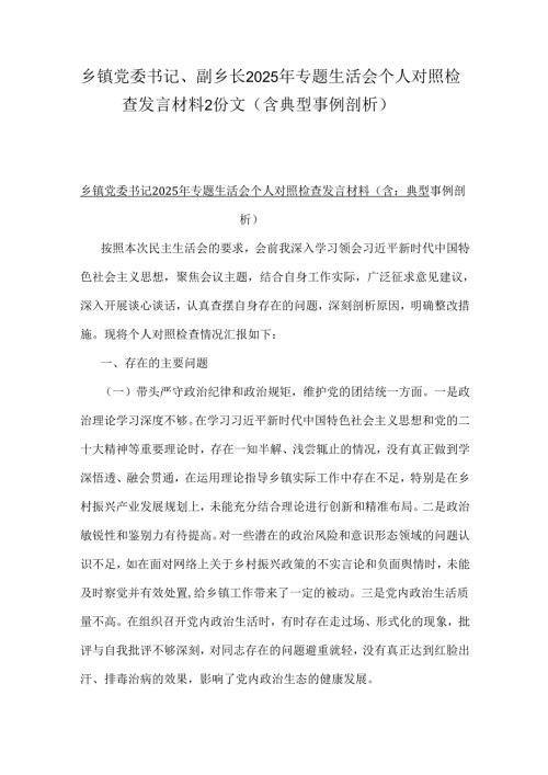 乡镇党委书记、副乡长2025年专题生活会个人对照检查发言材料2份文（含典型事例剖析）.docx