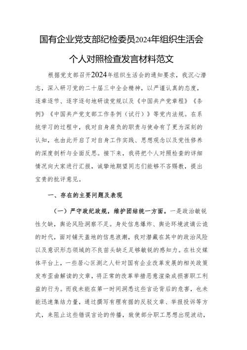 国有企业党支部纪检委员2024年组织生活会个人对照检查发言材料范文.docx