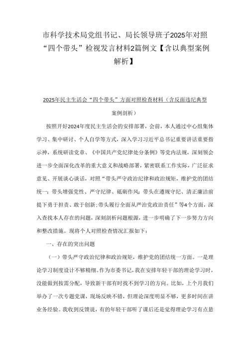 市科学技术局党组书记、局长领导班子2025年对照“四个带头”检视发言材料2篇例文【含以典型案例解析】.docx