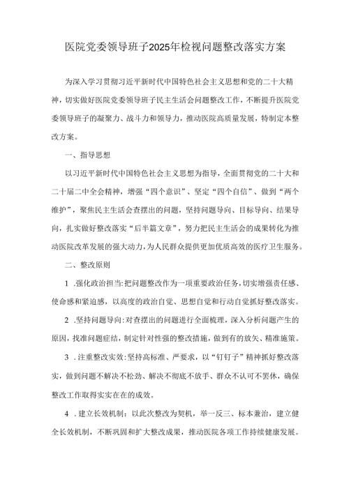 医院党委领导班子2025年检视问题整改落实方案.docx