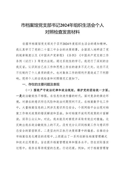 市档案馆党支部书记2024年组织生活会个人对照检查发言材料.docx
