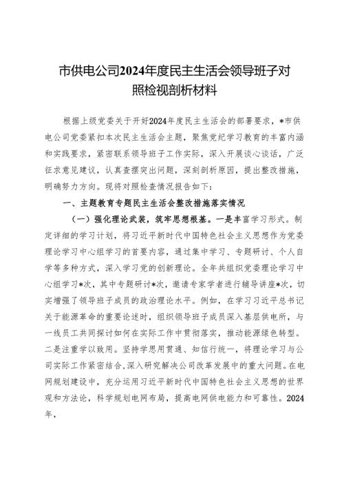 市供电公司2024年度民主生活会领导班子对照检视剖析材料.docx