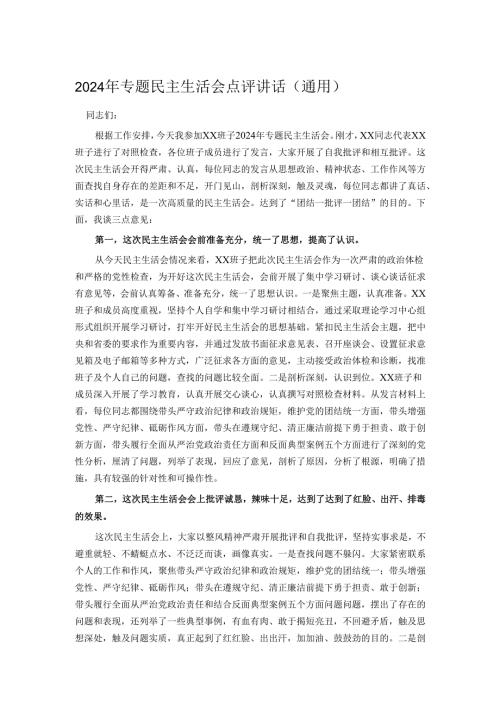 2024年专题民主生活会点评讲话（通用）.docx