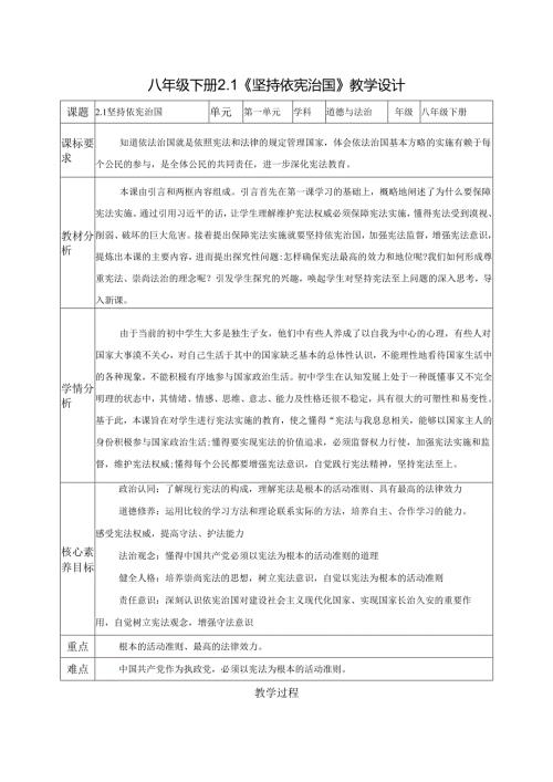 2025八年级道德与法治下册第一单元第二课坚持依宪治国教学设计.docx