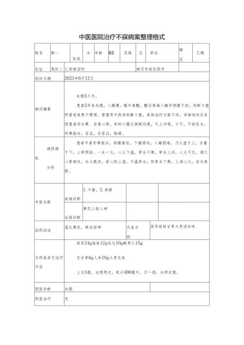 中医医院治疗不寐病案整理格式.docx
