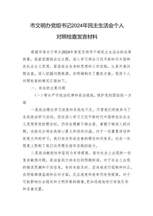 市文明办党组书记2024年民主生活会个人对照检查发言材料.docx